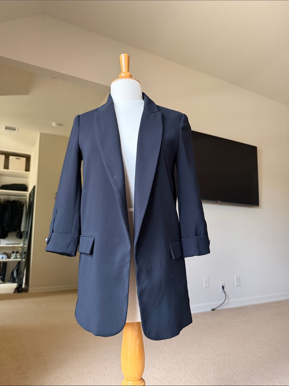 Zara Black Long Open-Front Blazer